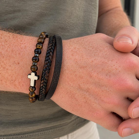 Men's Layered Leather & Tiger Eye Cross Bracelet | YanaAndBloom 