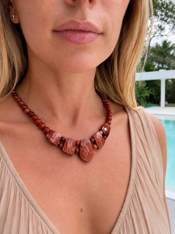 Natural Gemstone Beaded Statement Necklace, Rose Quartz, Green Aventurine, Red Jasper Crystal Necklace, Handmade Gift for Her