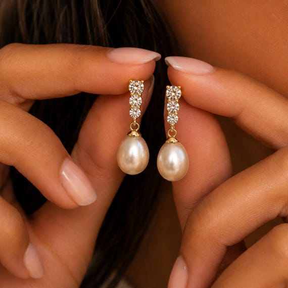 Freshwater Pearl Drop Earrings, Teardrop Pearl Dangle with CZ Crystal Studs, Gold or Silver, Dainty Bridal Wedding Earrings Gift for Her