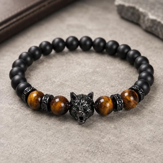 Black Obsidian Bracelet for Men with Tiger Eye, Wolf Head Beaded Jewelry, 8mm Matte Stone Stretch Bracelet, Grounding Protection