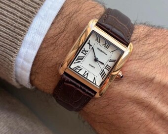 Montre Tank Vintage Homme – Montre Rectangulaire Bracelet Cuir Marron – Style Old Money Élégant – Cadeau Homme – Dress Watch