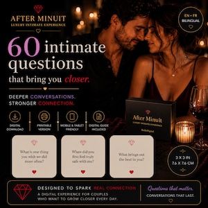 Op de afbeelding: Een zwarte doos met de tekst "After Minuit Luxury Intimate Experience" en 60 intieme vragen. De set bevat een digitale gids en is ontworpen voor stellen. Een glas rode wijn en een brandende kaars zijn ook zichtbaar.