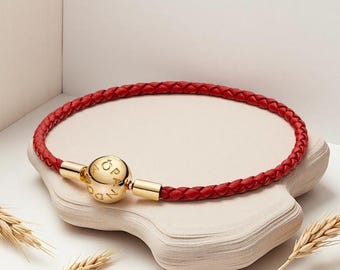 Bracciale Pandora Moments in argento sterling S925 con cinturino in pelle intrecciata rossa, regalo per la festa della mamma, gioiello elegante, regalo ideale per la sorella, regalo per lei.