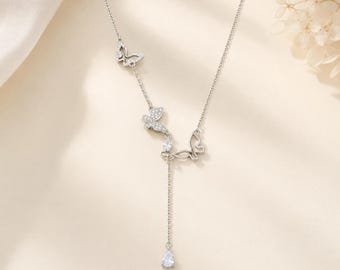 Dainty Butterfly Necklace, Y Drop Pendant, 925 Silver Necklace, Fairycore Jewelry, Nature Gift for Her