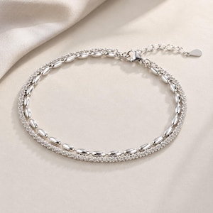 S925 Sterling Silver Double Strand Bracelet, Rice Bead Chain, Layered Minimalist Jewelry
