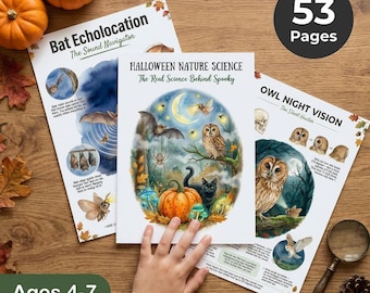 Halloween Nature Science Worksheets for Kids, Nocturnal Animals Activities, Bat Owl Spider Pumpkin, Printable Homeschool Pack Ages 4-7