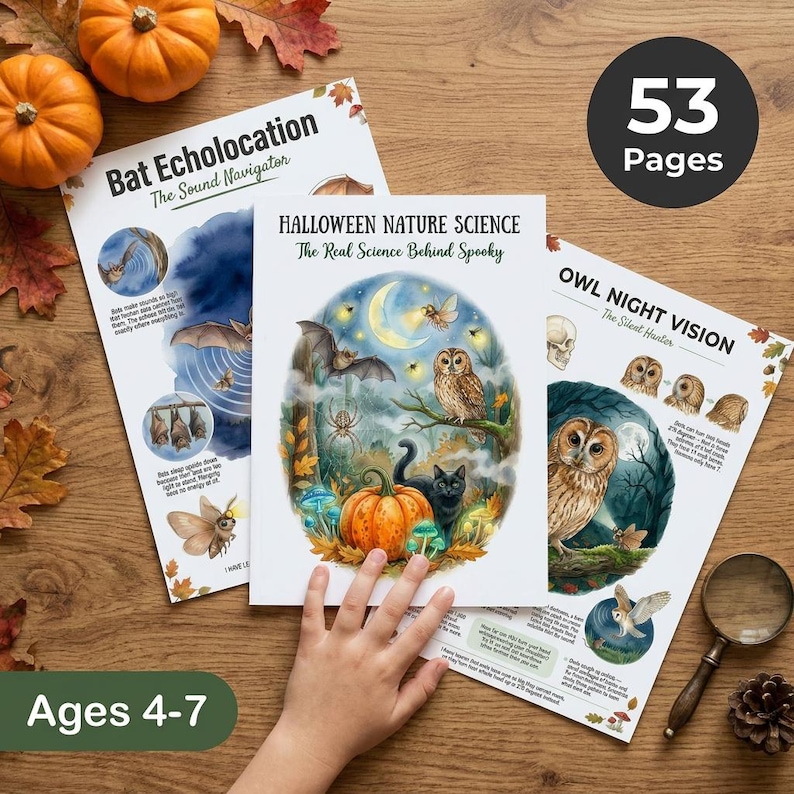 Halloween Naturvetenskapliga arbetsblad för barn, Nattdjursaktiviteter, Fladdermusuggla Spindel Pumpa, Utskrivbart Hemundervisningspaket Åldrar 4-7 bild 1