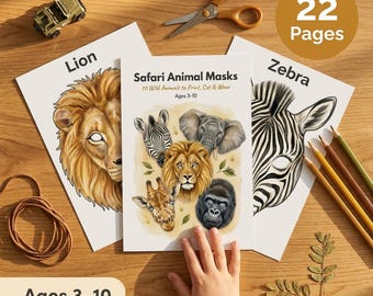 Maski zwierząt safari | Prace plastyczne dla dzieci | Wiek 3-10 lat | Lew, słoń, żyrafa, zebra | Wytnij ubrania | Pokoloruj własne | Plik PDF do druku
