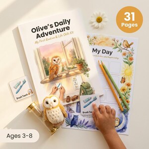 May include: A children's activity kit titled "Olive's Daily Adventure" with the text "My First Routine & Life Skills Kit." The kit includes a booklet, activity sheets, and cards. The image also shows a plush owl, pencils, and the text "Ages 3-8."