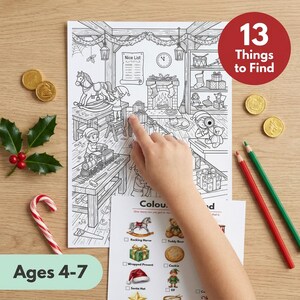 May include: A Christmas-themed coloring activity sheet featuring a workshop scene with elves, toys, and a fireplace. The page includes a '13 Things to Find' graphic, a checklist with colorful illustrations, and the text 'Ages 4-7' on a light green banner.