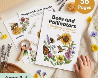 Bees and Pollinators Montessori Unit | Toddler Preschool Activity | Ages 2-6 | Life Cycle Pollination Sorting | 56 Pages | Printable PDF