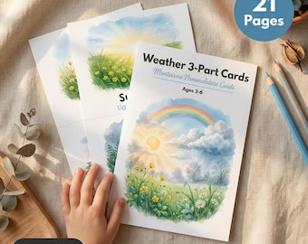 Può includere: Un set di carte di nomenclatura Montessori in 3 parti sul tema meteo per bambini dai 3 ai 6 anni, composto da 21 pagine con illustrazioni ad acquerello che raffigurano scene meteorologiche con arcobaleni, sole e pioggia.