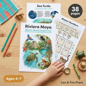 Puede incluir: Páginas de actividades educativas para niños de 4 a 7 años, con temas de la Riviera Maya y números mayas. La imagen incluye ilustraciones coloridas de tortugas marinas, escenas de la jungla y símbolos mayas. El conjunto incluye 38 páginas.