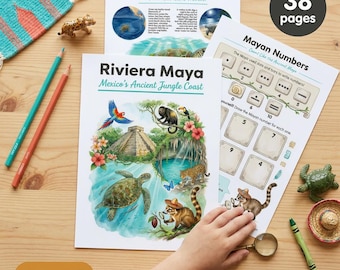 Riviera Maya Worksheets | Mexico Activities | Ages 4-7 | Sea Turtle Cenote Jaguar | Mayan Mask | Printable PDF
