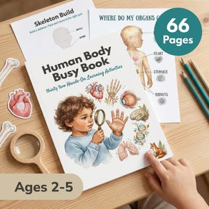 以下が含まれることがあります： 32種類の手を使った学習アクティビティが含まれる「Human Body Busy Book」。虫眼鏡を持った子供のイラストが描かれ、その周囲に心臓、目、脳、DNA、肺の解剖図が配置されています。追加のアクティビティページも含まれています。