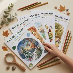 May include: A collection of five softcover educational books titled The Field Guide Year, featuring watercolor illustrations of seasonal nature scenes, including December, September, and other months, accompanied by colored pencils and a wooden magnifying glass.