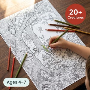 Enchanted Forest Giant Coloring Poster | Woodland Creatures, Gnomes, Pixies (Ages 4-7) (PDF Download)