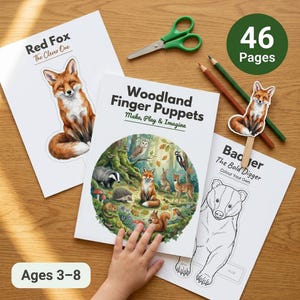 May include: A children's craft kit featuring woodland finger puppets. The kit includes a booklet with a forest scene, a coloring page of a badger, and a red fox sticker. Also included are green scissors and colored pencils. The kit is for ages 3-8.