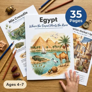 May include: A set of educational activity sheets titled Egypt Where the Desert Meets the River, featuring illustrations of pyramids, a camel, a crocodile, and a scarab beetle. The pages include text, a 35-page label, and are for ages 4-7.