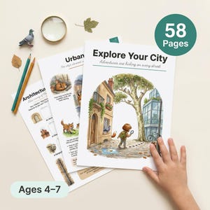 以下が含まれることがあります： 「Explore Your City」というタイトルの子供向けアクティビティブック。58ページで、都市のシーンや建築要素のイラストが描かれています。虫眼鏡、鉛筆、おもちゃの鳥が含まれています。対象年齢は4〜7歳です。