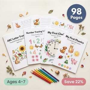 Puede incluir: Una colección de cuadernos educativos para niños con ilustraciones coloridas. Los títulos incluyen "ABC Letter Tracing", "Number Tracing", "My First Clock" y "My First Phonics". Los libros están diseñados para niños de 3 a 7 años.