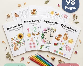Complete Kindergarten Curriculum Bundle | ABC Numbers Telling Time Phonics | Ages 4-7 | 4 Packs 99 Pages | Printable PDF
