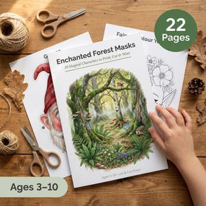 May include: A book titled "Enchanted Forest Masks" with a forest scene cover, featuring 10 magical characters to print, cut, and wear. Includes 22 pages. Also shown are scissors, twine, and a gnome mask. For ages 3-10.