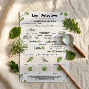 May include: A printed "Leaf Detective" identification key with a magnifying glass and pencil. The key helps identify trees by their leaves, with sections for flat or needle-shaped leaves and smooth or jagged edges. Green leaves are scattered around the key.