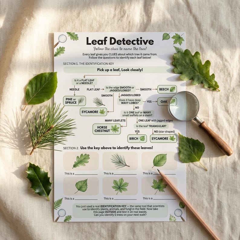 May include: A printed "Leaf Detective" identification key with a magnifying glass and pencil. The key helps identify trees by their leaves, with sections for flat or needle-shaped leaves and smooth or jagged edges. Green leaves are scattered around the key.