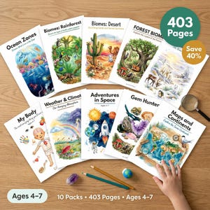Science Worksheets Bundle | 10 Packs 403 Pages | Ages 4-7 | Biomes Ocean Space Weather | Human Body Maps Rocks | Homeschool STEM Printable