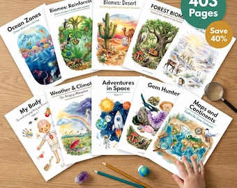 Science Worksheets Bundle | 10 Packs 403 Pages | Ages 4-7 | Biomes Ocean Space Weather | Human Body Maps Rocks | Homeschool STEM Printable