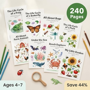 Nature Explorer Bundle | 9 Packs 240+ Pages | Ages 4-7 | Frog Butterfly Bugs Plant Farm Sea Birds | Science Activities | Printable PDF