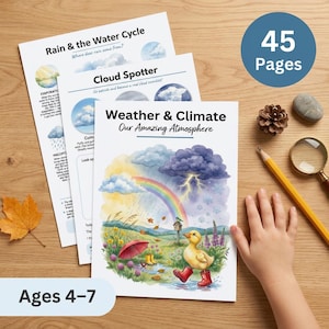 May include: A stack of educational activity pages for children, featuring the titles "Rain & the Water Cycle", "Cloud Spotter", and "Weather & Climate". The cover art includes a duck wearing red boots, a rainbow, and the text "Ages 4-7". A blue circle displays "45 Pages".