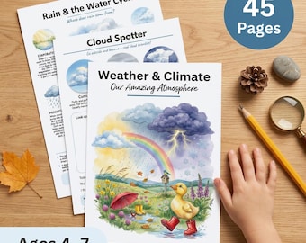 Weather Worksheets for Kids | Climate Science Activities | Ages 4-7 | Clouds Rain Rainbow Snow Wind | Water Cycle | STEM | Printable PDF