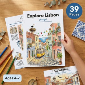Könnte beinhalten: Ein Set von Kinder-Aktivitätsbüchern mit den Titeln "Explore Lisbon Portugal" und "I Spy in Lisbon". Das Cover zeigt eine gelbe Straßenbahn, farbenfrohe Gebäude und ein Storchennest. Geeignet für Kinder im Alter von 4-7 Jahren, mit 39 Seiten.
