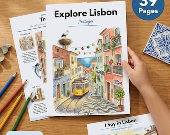 Lisbon Portugal Worksheets | Kids Ages 4-7 | Azulejo Tiles | Pasteis de Nata | Tram Stork Sardine | Printable PDF
