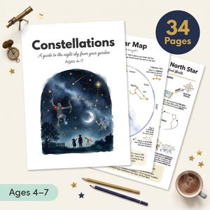May include: A children's educational book titled "Constellations" with a night sky illustration. The book includes a star map and instructions for finding the North Star. The book is for ages 4-7 and has 34 pages.