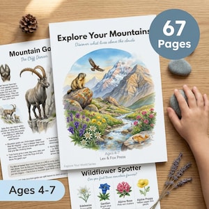 May include: A children's book titled "Explore Your Mountains" with a watercolor illustration of a mountain scene, a marmot, and an eagle. The book is 67 pages and for ages 4-7.