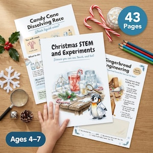 May include: A collection of Christmas-themed STEM experiment pages for ages 4-7, with a candy cane dissolving race and gingerbread engineering activities. Includes 43 pages, candy canes, and pencils.
