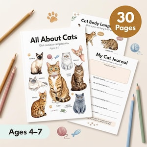 May include: A children's book titled "All About Cats" with illustrations of various cat breeds. Includes a "My Cat Journal" and a guide to cat body language. The book is for ages 4-7 and has 30 pages.