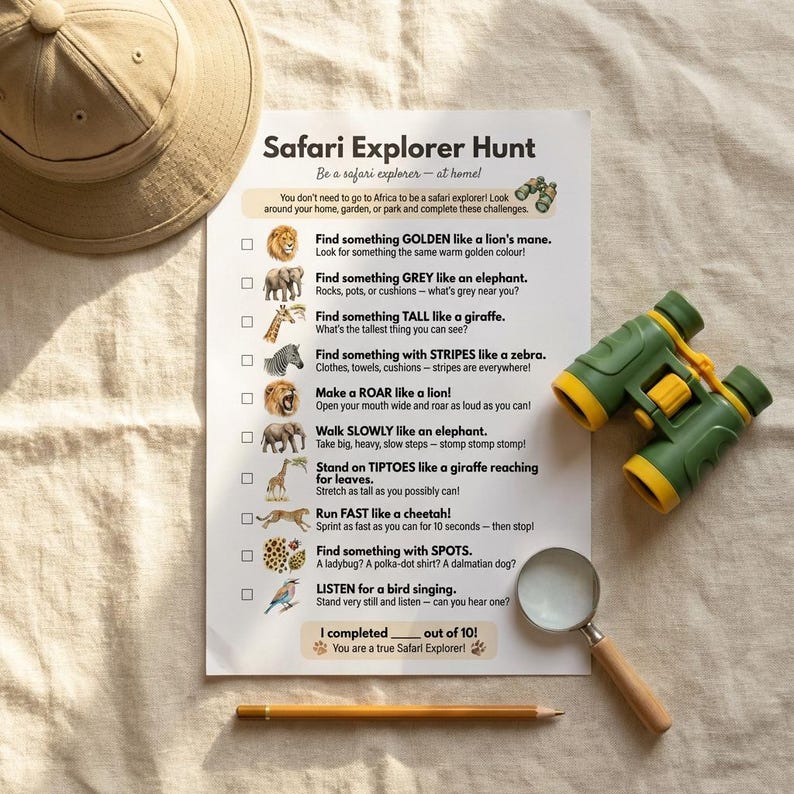 May include: A safari-themed activity set includes a tan safari hat, green and yellow binoculars, a magnifying glass, and a pencil. A printed checklist titled "Safari Explorer Hunt" features challenges like finding golden, grey, and striped items.