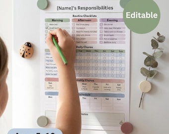 Responsibility Chart for Kids | Editable Chore Checklist | Ages 5-10 | Morning Afternoon Evening | Daily Weekly Chores | Printable PDF