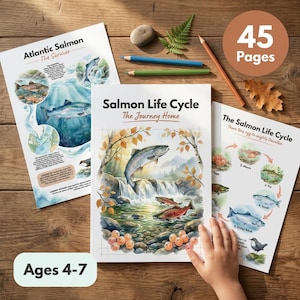 May include: Three educational booklets titled Atlantic Salmon The Survivor, Salmon Life Cycle The Journey Home, and The Salmon Life Cycle From tiny egg to mighty traveller. The pages feature watercolor illustrations of salmon, eggs, and life cycles.
