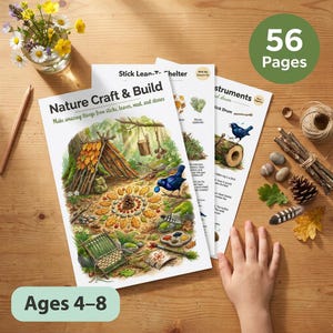 Könnte beinhalten: Natur-Bastel- und Bau-Aktivitätsseiten für Kinder im Alter von 4-8 Jahren, mit Illustrationen einer Waldszene, eines Vogels und Bastelmaterialien. Die Seiten liegen auf einer Holzoberfläche mit einer Vase mit Blumen.