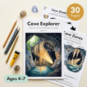 May include: A collection of educational materials for children aged 4-7, featuring a 'Cave Explorer' theme. Includes a book, activity sheets, pencils, and a yellow flashlight. The book cover displays a cave illustration with the text 'Cave Explorer'.
