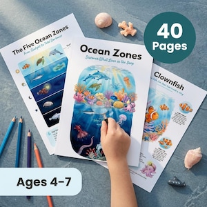Peut inclure: Ensemble de livres éducatifs sur l'océan, avec 40 pages, illustrant la vie marine et les zones océaniques. Le texte "Ocean Zones" et "Ages 4-7" est visible. On peut également voir des crayons, des coquillages et un sous-marin jouet.