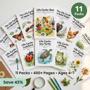 Peut inclure: Un ensemble de 11 livrets éducatifs intitulés Life Cycle illustrant le cycle de vie d'une abeille, d'un papillon, d'une fourmi, d'un aigle, d'une poule, d'une tortue, d'une grenouille, d'une libellule, d'un pommier et d'une plante. 400+ pages.
