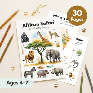 Puede incluir: Conjunto de imprimibles educativos titulado "Safari Africano" con ilustraciones de animales de la sabana, incluyendo una jirafa, un león y un elefante. El conjunto incluye 30 páginas y está diseñado para edades de 4 a 7 años. Lápices de colores y huellas de patas están dispersos.