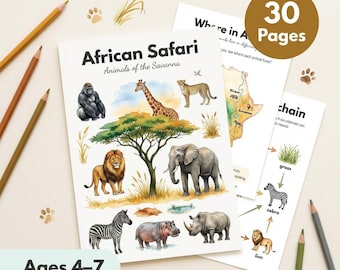 African Safari Worksheets | Safari Animals for Kids | Ages 4-7 | Lion Elephant Giraffe Zebra | Wildlife Science | Printable PDF