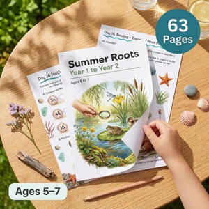 Op de afbeelding: Een Summer Roots educatief werkboek voor 5- tot 7-jarigen, met 63 pagina's aan reken- en leesoefeningen. De kaft toont een kleurrijke illustratie van een vijver met een kikker, libel en riet, met de tekst Summer Roots Year 1 to Year 2.